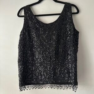 Vintage Black Sequin Beaded Tank Top‎ Fringe Flapper Evening Party Top